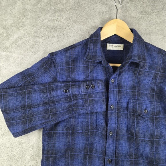 Saint Laurent Other - Saint Laurent Paris Shirt Large Navy Blue‎ Plaid 100% Wool Japan Designer Luxury